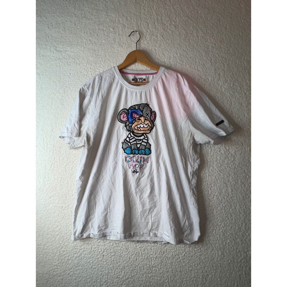 BKYS Club Ape White Graphic T-Shirt Mens 2XL Embroidered Patch‎ Crewneck